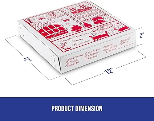 Miniatura 2 de MT Products Caja de pizza blanco-roja de 12 x 12 x 2 pulgadas, cajas de pizza extrafinas con diseño (paquete de 10) - Fabricado en los Estados Unidos