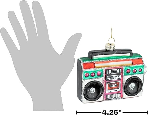 The Bridge Collection Adorno navideño de cristal Boombox – Decoración navideña de música retro – Colorido adorno estéreo con detalle de purpurina