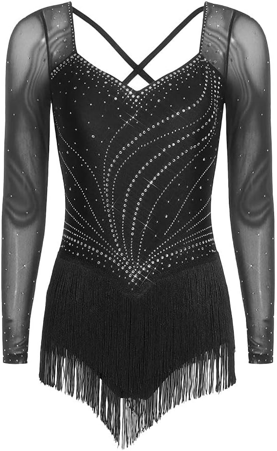 Women’s Figure Skating Latin Dance Rhinestone Bodysuit Tango Rumba Costume Tiered Tassel Hem Leotard Jumpsuit