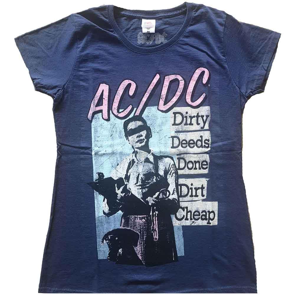 AC/DC T Shirt Dirty Deeds Vintage Logo Official Womens Skinny Fit Navy Blue Small