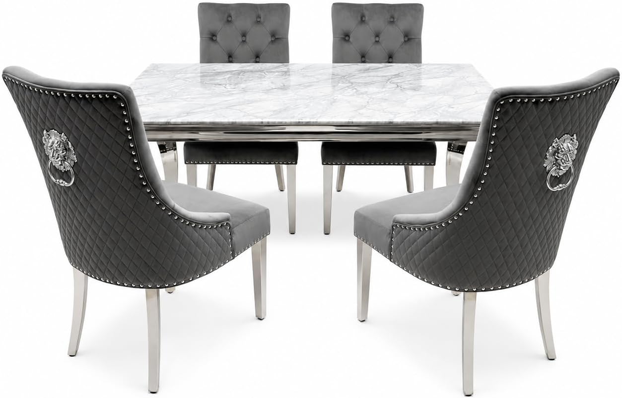 ASR INTERIORS Grey & Silver Marble Dining Table with 4 Grey Plush Velvet Lion Knocker Chairs | Luxury 150cm Marble Dining Set with Quilted Tufted Chairs โ Modern Dining Room Furniture