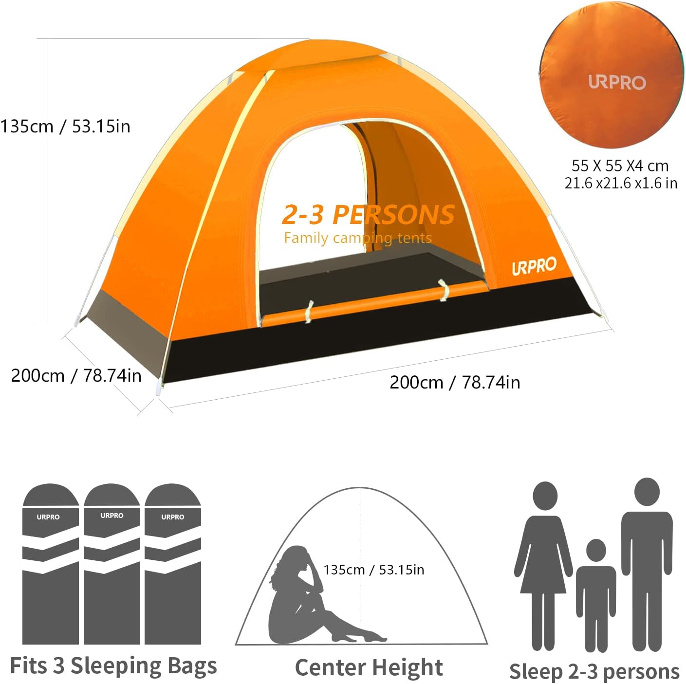 URPRO 2-3 Persons Instant Automatic pop up Camping Tent, Lightweight Tent, Waterproof Windproof, UV Protection, Beach, Outdoor, Traveling,Hiking,Camping, Hunting, Fishing