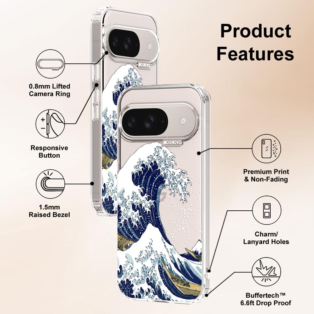 MOSNOVO Case for Google Pixel 9 & Pixel 9 Pro, [Buffertech 6.6ft Military-Grade Drop Protection] [Anti Peel Off Tech] Clear TPU Bumper Phone Case Cover Design - Great Wave — view 6