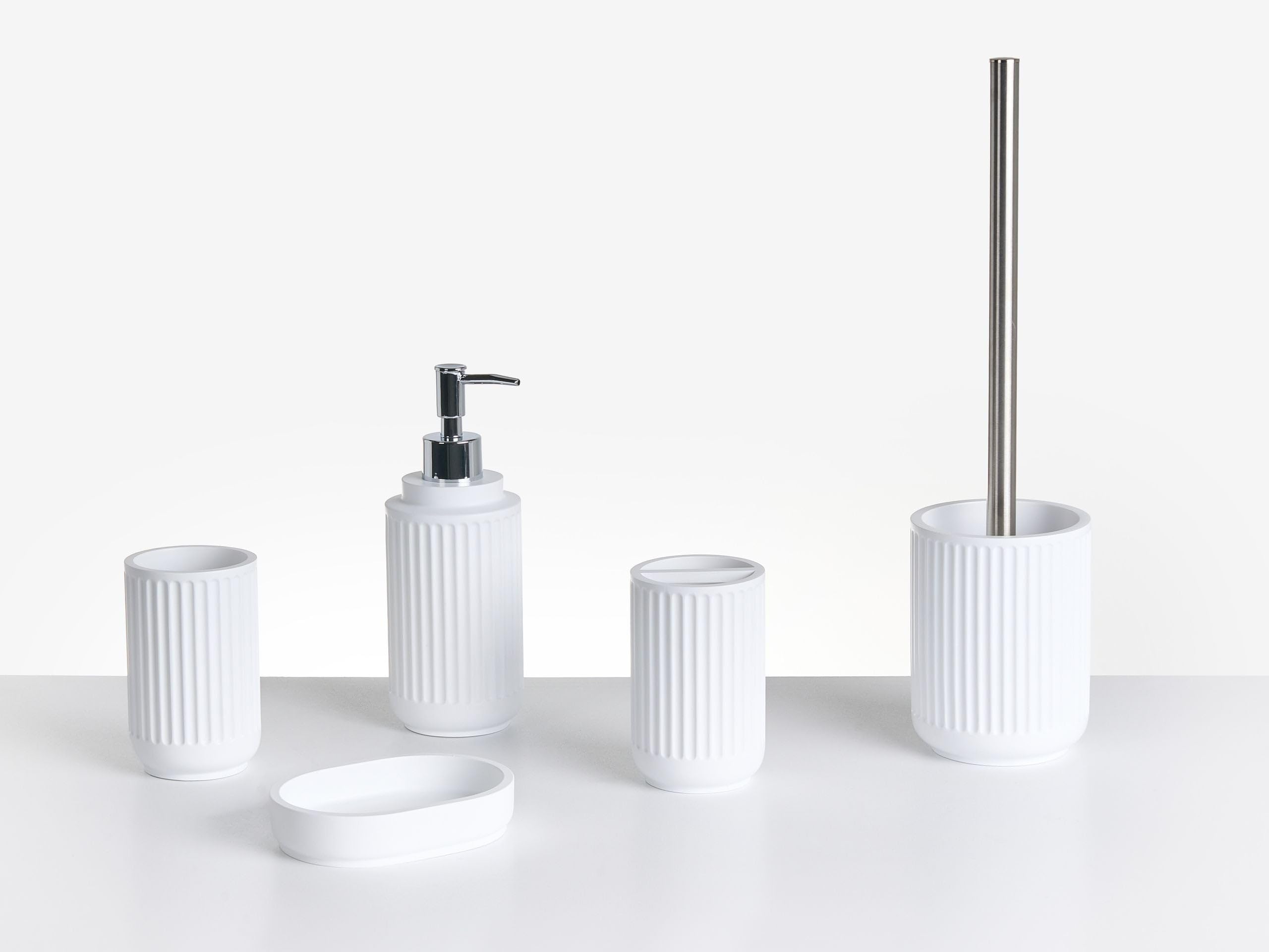 Conjunto de 5 Accesorios de baño jabonera dispensador de jabón escobilla de Inodoro Vaso Soporte para cepillos de Dientes Blanco Huarmey