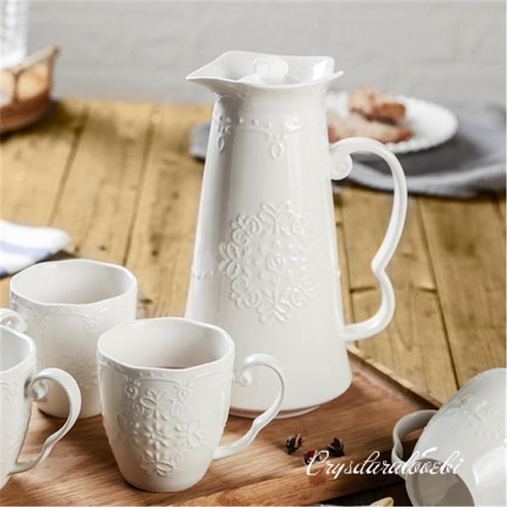 Jarra Jarra de agua cerámica porcelana grabada en relieve blanca 1,2 l | Hervidor de café for la ceremonia del té del café
