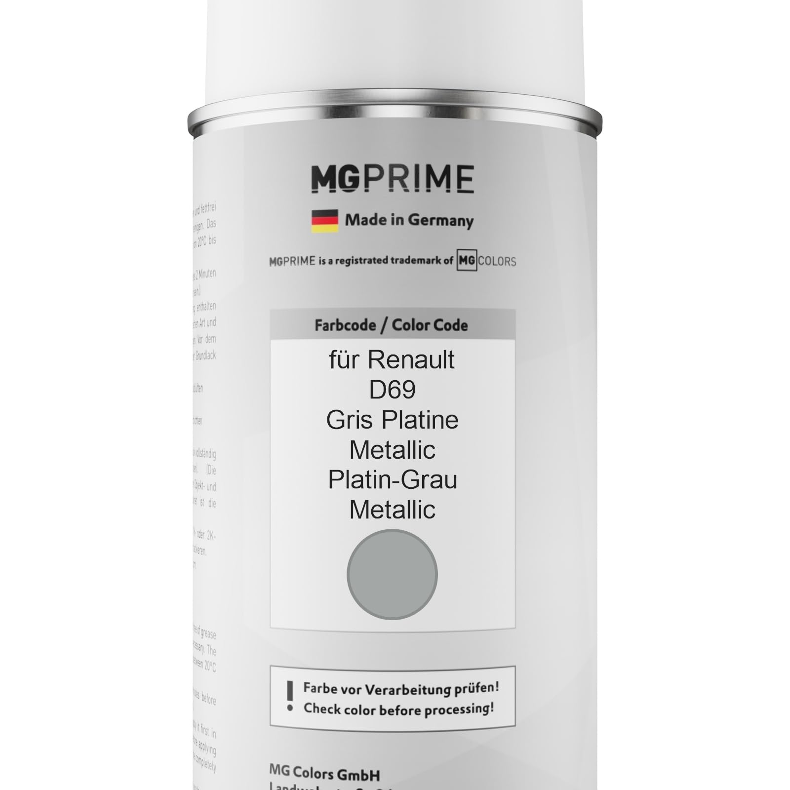 MG PRIME Vernice per auto Kit di bombolette a spruzzo per Renault D69 Gris Platine Metallic/Mercury Metallic Bomboletta spray da 400ml di vernice di base vernice trasparente