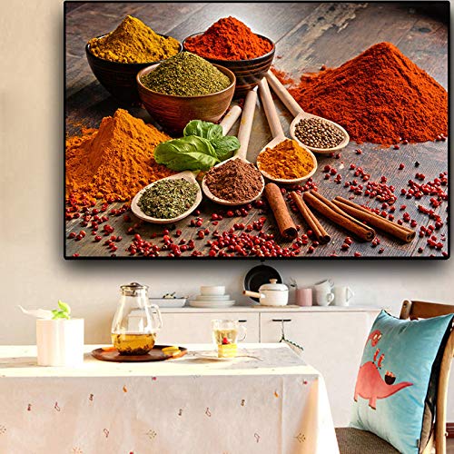 Toile cuisine grains et épices pour habiller un grand mur vide de salon avec élégance