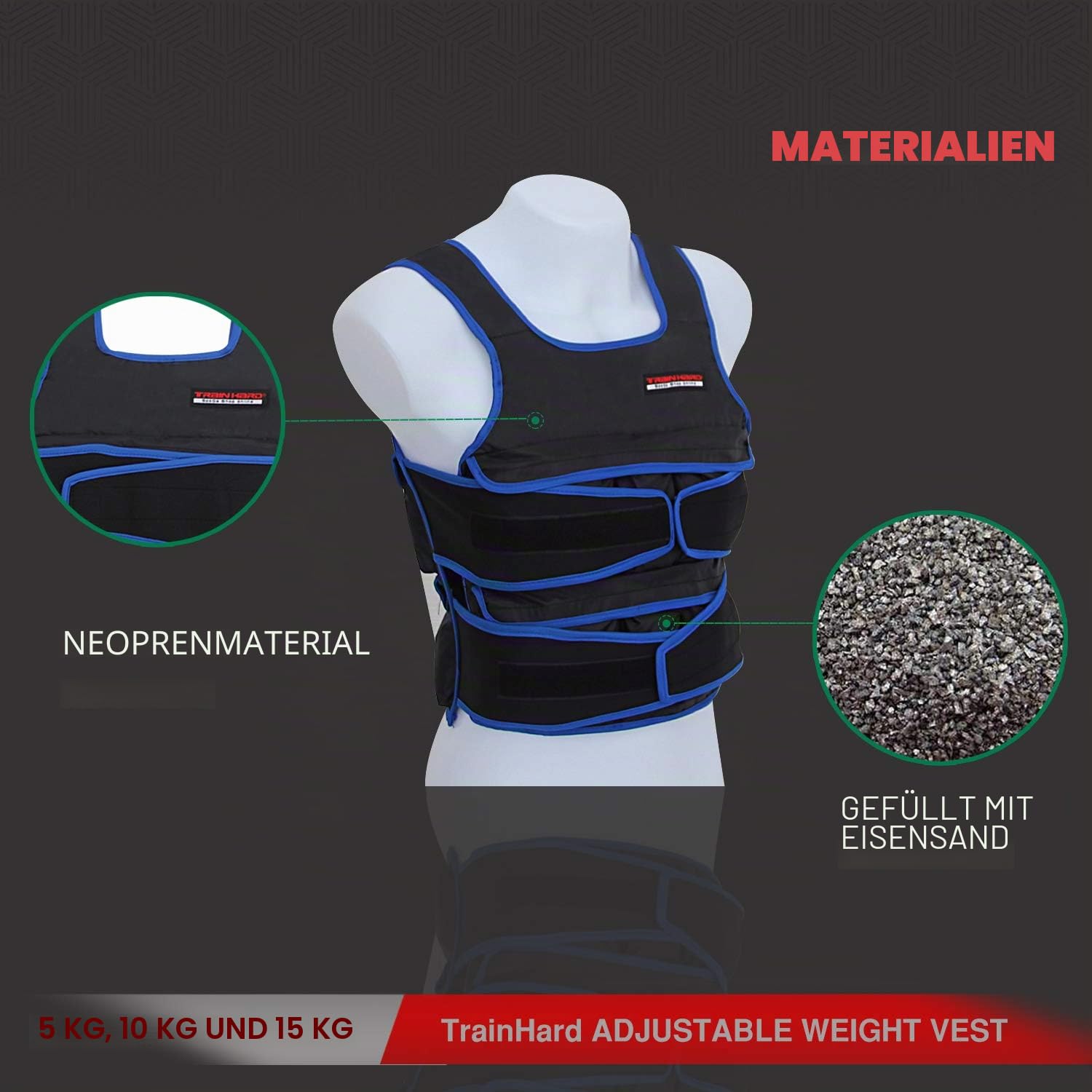 TrainHard 5 kg / 10 kg / 15 kg Verstellbare Gewichtsweste, Trainingsweste für Krafttraining, Laufen, Fitness, Cross Training