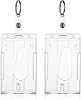 ID Card Badge Holder with Keyring, 2 Pack Heavy Duty Badge Holders Keychain Hard Plastic Clear Card Protector Thumb Slot Card Case School Office SuppliesVertical
