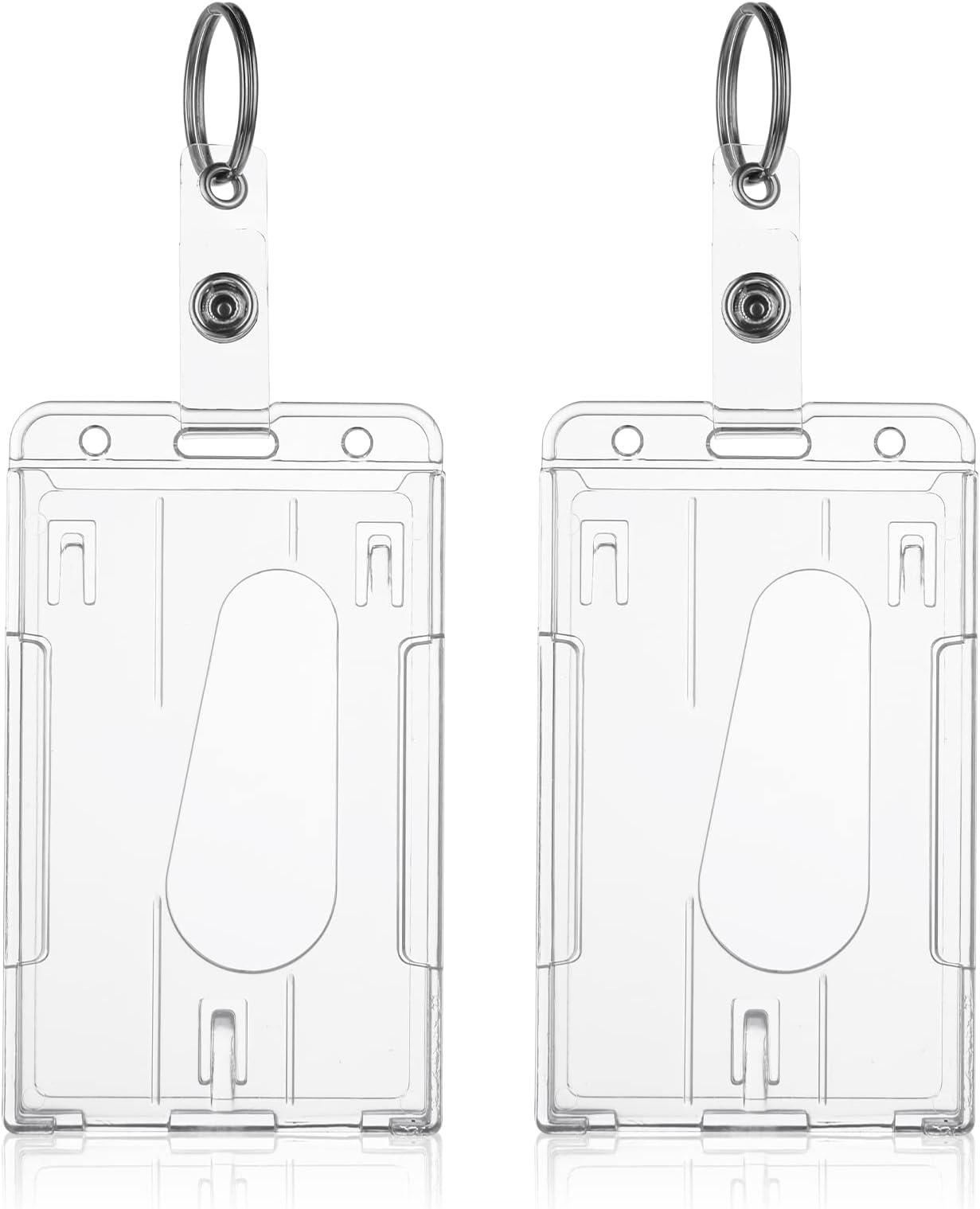 TIESOME ID Card Badge Holder with Keyring, 2 Pack Heavy Duty Badge Holders Keychain Hard Plastic Clear Card Protector Thumb Slot Card Case School Office Supplies(Vertical)