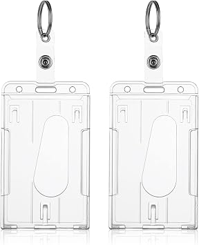 TIESOME ID Card Badge Holder with Keyring, 2 Pack Heavy Duty Badge Holders Keychain Hard Plastic Clear Card Protector Thumb Slot Card Case School Office SuppliesVertical