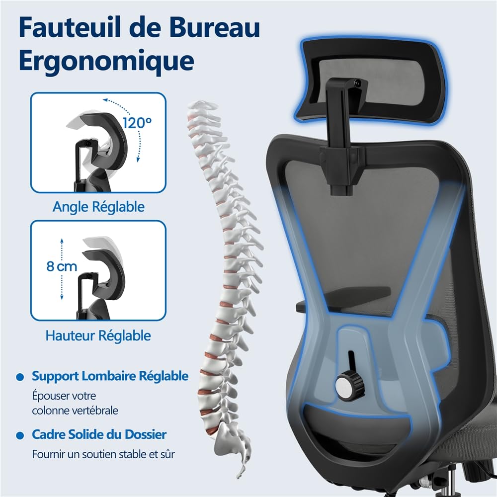 Yaheetech Chaise de Bureau Ergonomique Inclinaison Verrouillable Fauteuil de Bureau en Maille avec Support Lombaire et Appui-tête Accoudoirs Réglables roulettes Pivotantes Charge 136 kg Noir