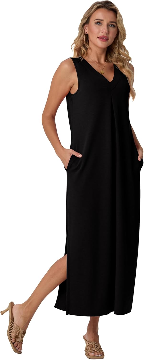 GRECERELLE 2026 Women Summer V-Neck Casual Loose Split Wrinkle-Free Long Maxi Vacation Dress with Pockets (XS-3XL) - Image 3