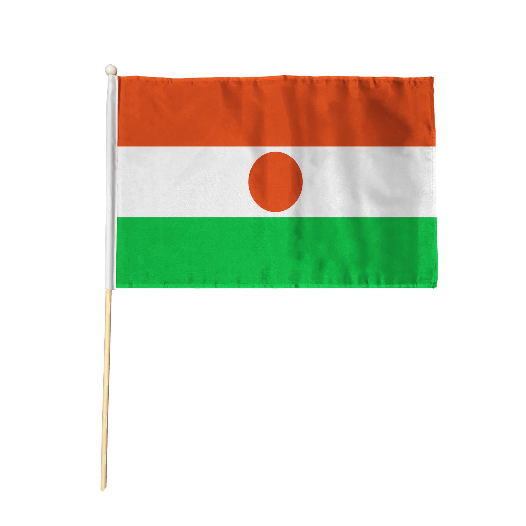 Flagtex Niger Hand Waving Flag (9x6 Inch) - Premium Wooden Stick Hand Flag with Natural Wood Pole Nigerien National Flag for Events Celebrations International Sports Cultural Gatherings