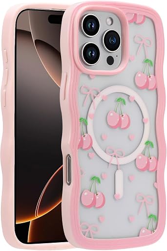 Magnetic for iPhone 16 Pro Max Case,Cute Wave Frame Curly Shape Slim Shockproof Protective Pink Cherry Bow Pattern Phone Case for Girl Women,Compatible with MagSafe