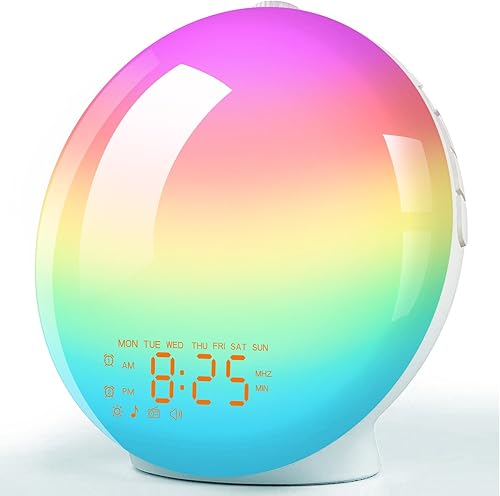 Sunrise Alarm Clock Wake Up Light,Bedside Night Lamp with Sunrise/Sunset Simulation 14 Colors Atmosphere Lamp, Dual Alarms and Snooze Function,Light Alarm with 8 Natural Sounds FM Radio (Yellow)