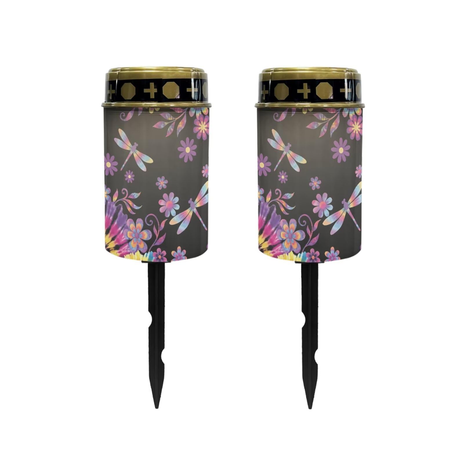 Poceacles Outdoor Solar Powered Cemetery Lights Grave Outdoor Stake Lights Garden Solar Lantern Flameless Candles Garden Decoration, Hippie Flower Dragonfly Violet, 2 Pcs