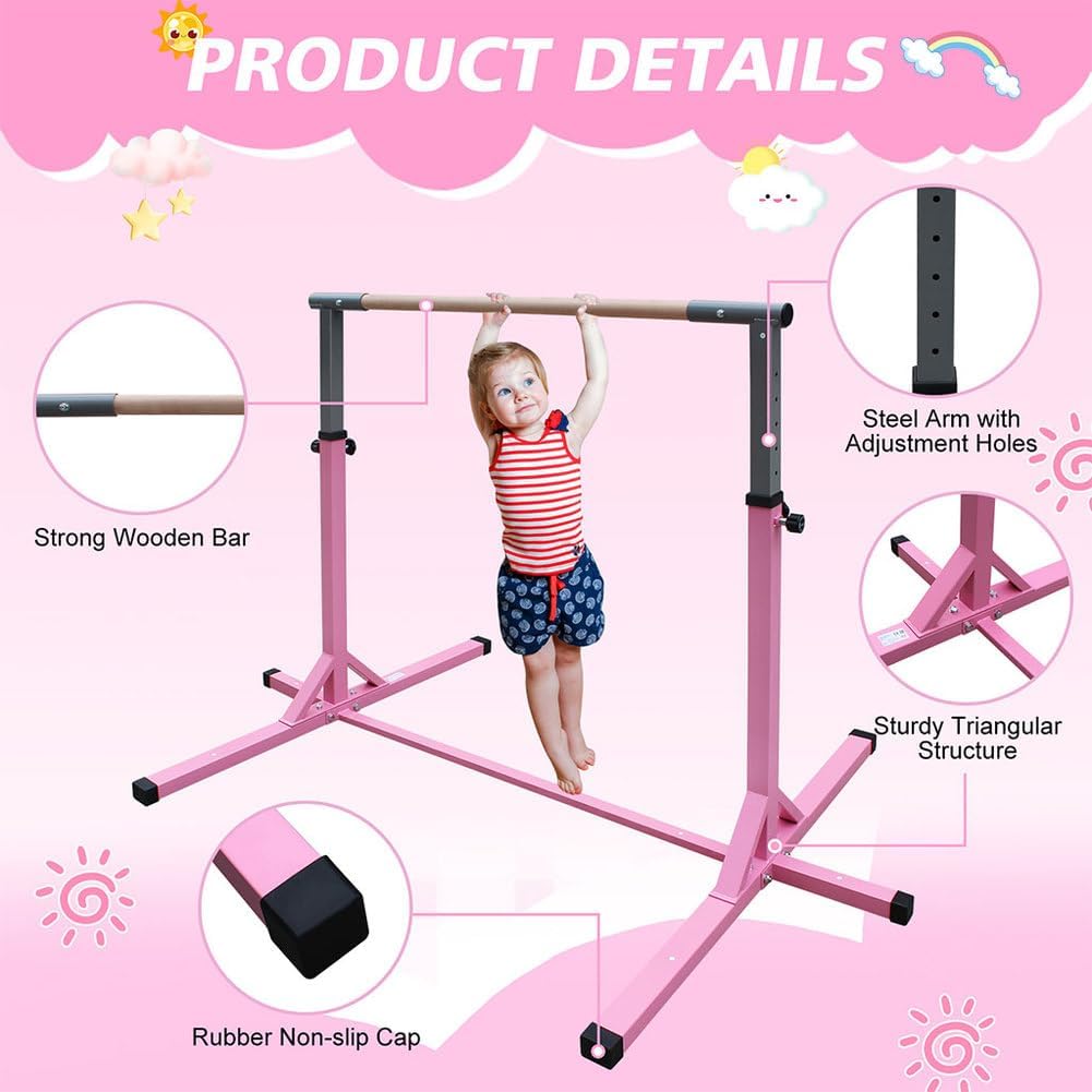 Gymnastics Bar for Kids, Folding Gymnastic Training Kip Bar with Adjustable Height, Home Expandable Horizontal Gymnastic Monkey Bars Equipment for Indoor/Outdoor Training,Pink