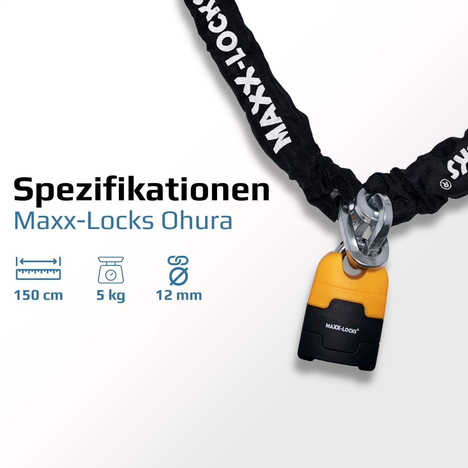 Ohura ART 4 Motorradschloss – Kettenschloss 12 mm Gehärtete Stahlglieder – Schloss Hohe Sicherheit mit ART-Zertifikat – Diebstahlschutz für Motorrad & Roller - 150 cm | Kettenschloss mit 12 mm dicken Schaltern - Art zugelassenes Schloss für Motorrad und R