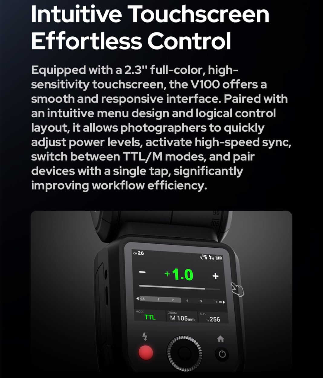 Godox V100-F V100F TTL lampa błyskowa do aparatu Fuji, Godox V1PRO-F ulepszona, okrągła głowica 100 W z ekranem OLED i SU-1, 2,4 G HSS 1/8000s Li-Ion 7,2 V/2980 mAh