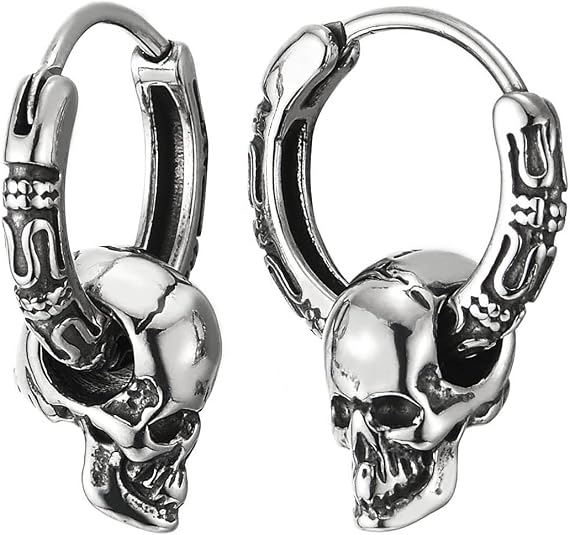 Mens Womens Stainless Steel Vintage Circle Huggie Hinged Hoop Earrings Dangle with Skulls, 2pcs