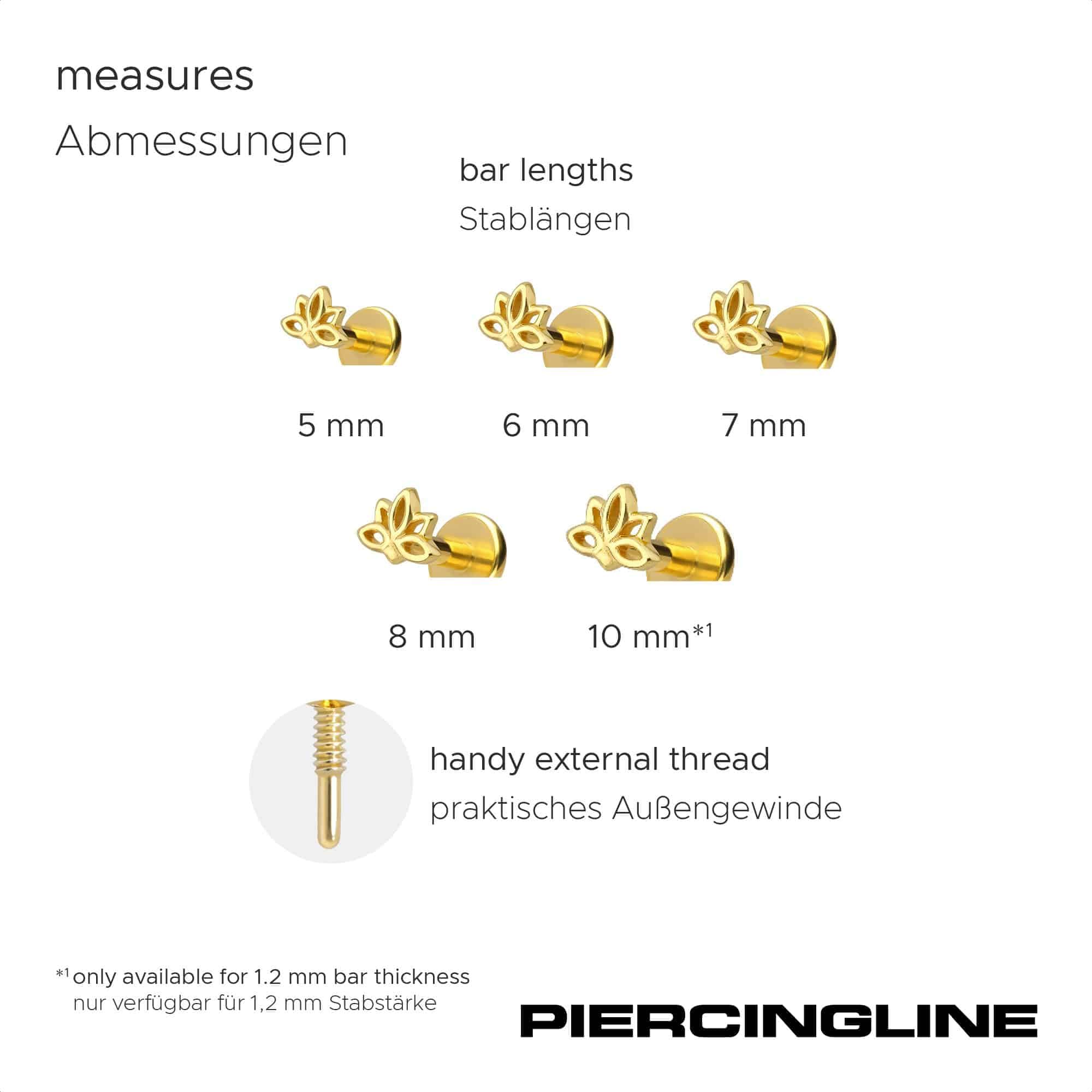 PIERCINGLINE Piercing Stecker Titan Labret mit Innengewinde + 925er Silber Aufsatz LOTUSBLÜTE - Goldfarben, Silberfarben