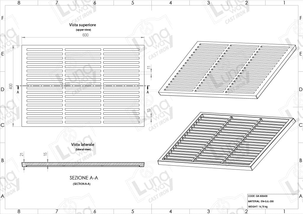 Lunaway - Griglia in ghisa per raccolta cenere e barbecue | Dimensioni 60 x 40 cm, Spessore 2,1 cm | Ottimizza tiraggio camino | Resistente alte temperature | Facile pulizia