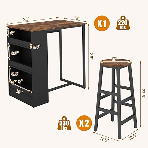 Miniatura 9 de Giantex Juego de mesa de comedor de 3 piezas, mesa de cocina rectangular de 36 pulgadas y 2 taburetes de bar con estantes de almacenamiento, juego