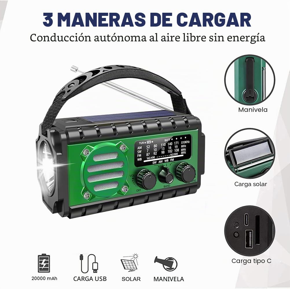 Radio de Emergencia Portátil 20000mAH, TKMARS Radio de Manivela Pequeña Am FM con Solar y Pilas Radios Power Bank con Linterna y Lámpara de Lectura, Alarma SOS, Cargador de Teléfono(Naranja)