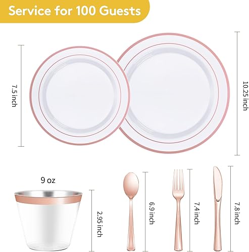 Miniatura 3 de Goodluck 600 platos desechables de oro rosa para 100 invitados, platos de plástico para fiestas, bodas, juego de vajilla de 100 platos llanos, 100