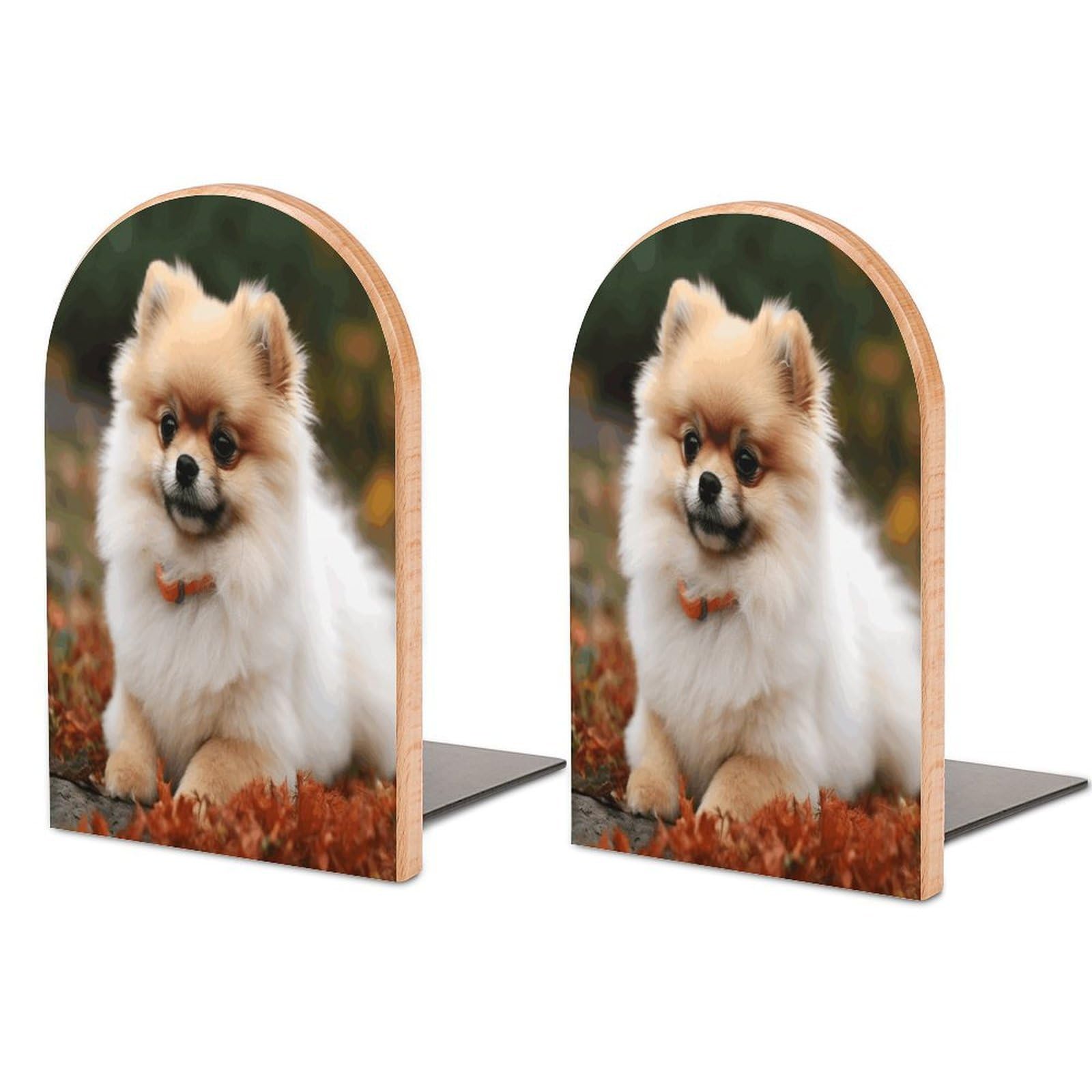 Short Haired Pomeranian Dog Bookends Modern Bookends for Shelves Fashion Heavy Duty Book Stopper Sturdy Non-Skid Metal Base Wood Book Ends for Library Home Office 1 Pair