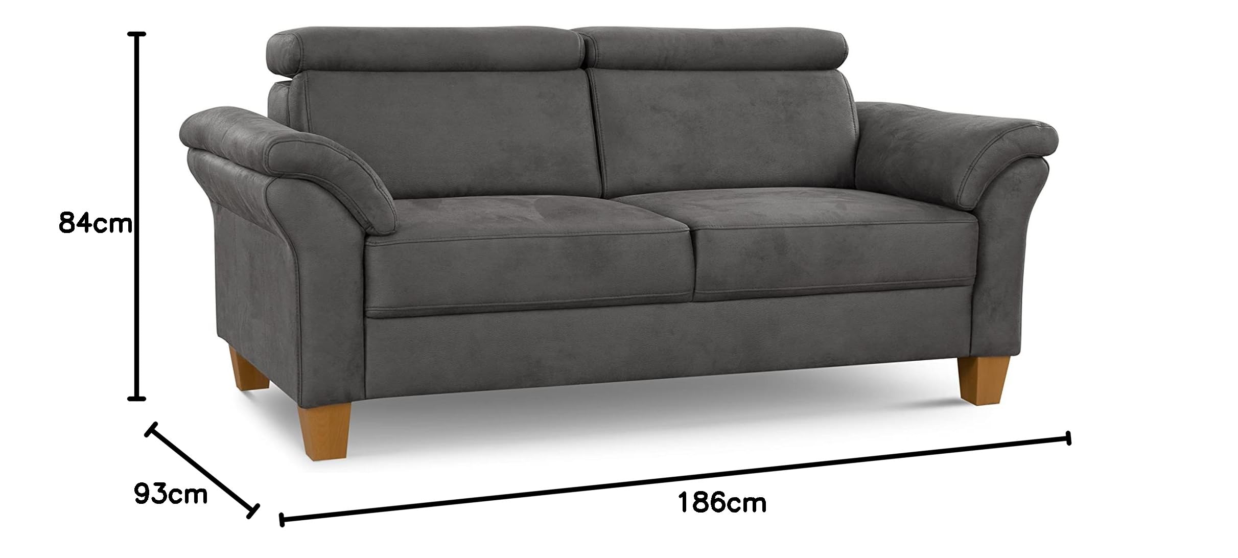 Cavadore 3-Sitzer-Sofa Ammerland / 3er-Couch im Landhausstil mit Federkern + verstellbaren Kopfstützen / 186 x 84 x 93 / Wildlederoptik, Grau