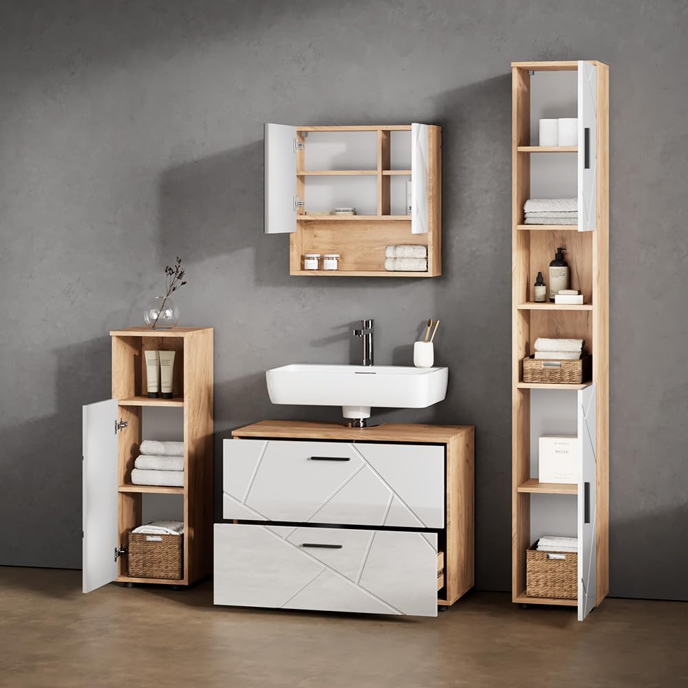 Livinity Set di mobili da bagno Ronco, Bianco lucido/oro power oak, 4 parti, con cassettiera e colonna