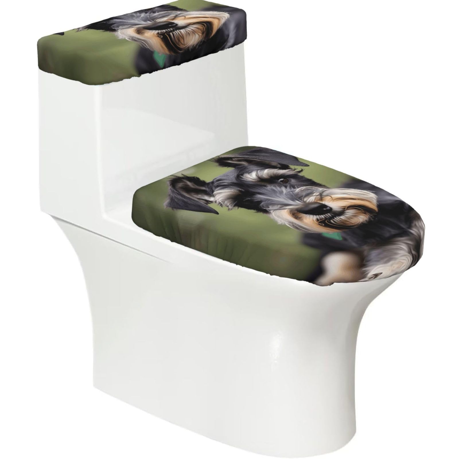 Adorable Schnauzer Printed Toilet Tank and Lid Cover Set of 2 for Most Bathrooms, Fits Elongated Round Toilets