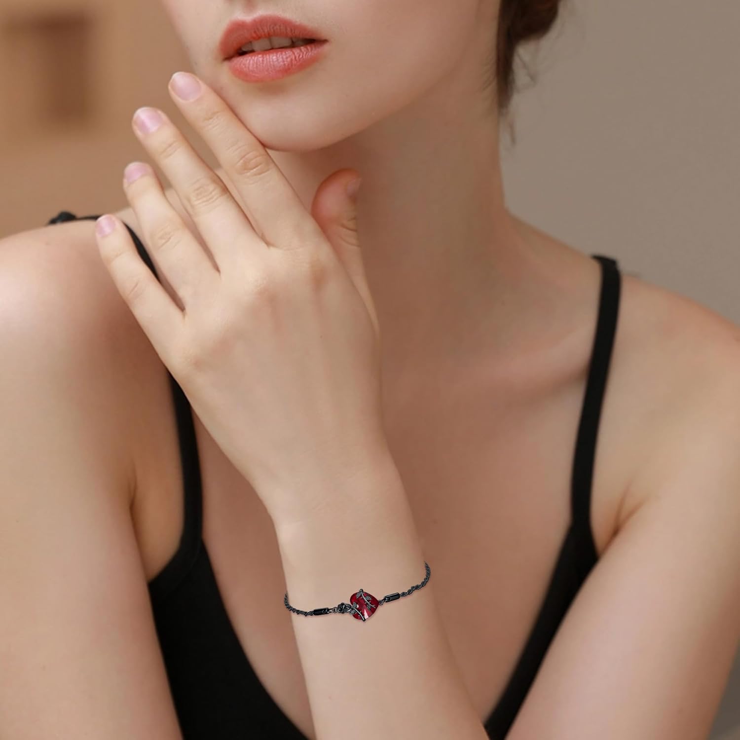 Black Rose Bracelet 925 Sterling Silver Gothic Red Heart Shape Link Bracelets Goth Rose Flower Jewelry Gift for Women