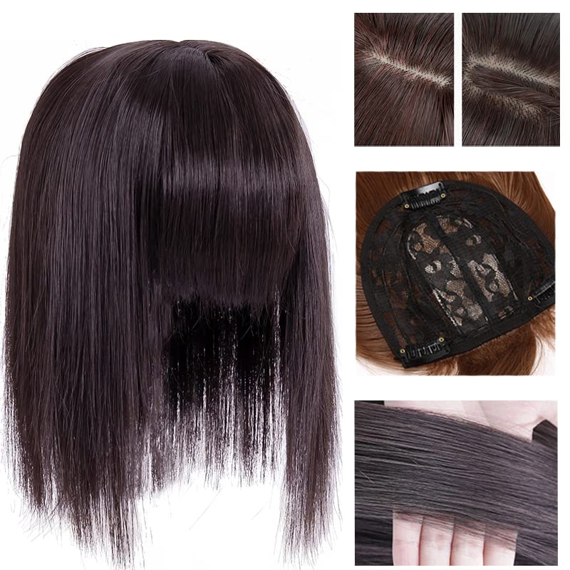 Miniatura 3 de Dybst Peluca de fibra sintética onduladarecta con flequillo, cierre superior del cuero cabelludo, extensiones para mujer (#4, 14 pulgadas13.8 in,