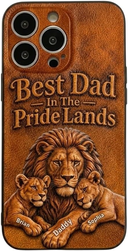 Papa Lion - Personalized Father 3D Leather Phone Case Custom Name Cellphone Cover Men Dad Grandpa Father's Day Birthday Present Protective Smartphone Accessory for Him