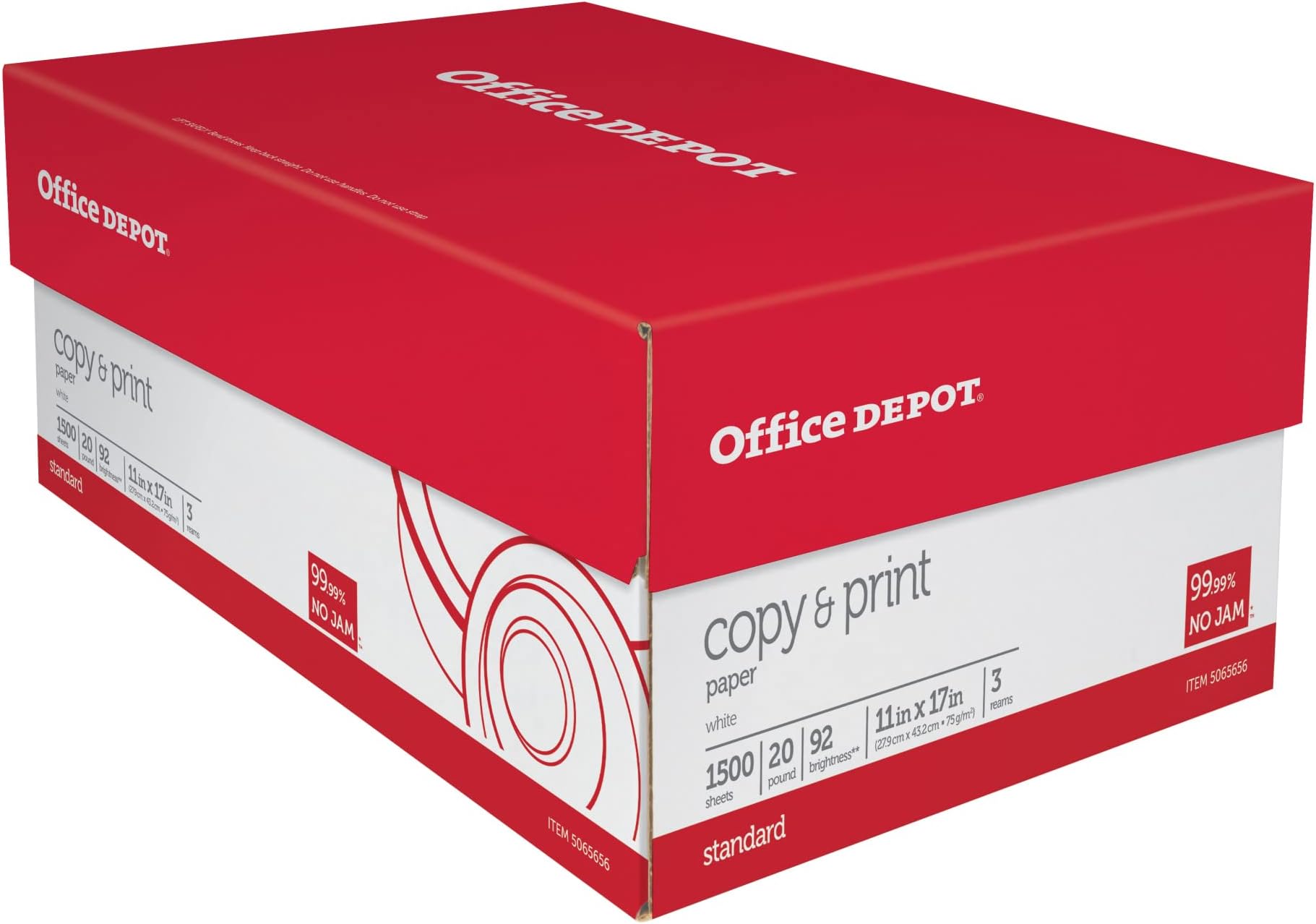 Office Depot® Copy And Print Paper, Ledger Size (11" x 17"), 92 Brightness, 20 Lb, Ream of 500 Sheets, Case of 3 Reams
