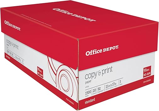ورق نسخ وطباعة Office Depot، حجم دفتر الأستاذ 11 بوصة x 17 بوصة، سطوع 92، 20 رطلاً، رزمة من 500 ورقة، علبة من 3 رزم