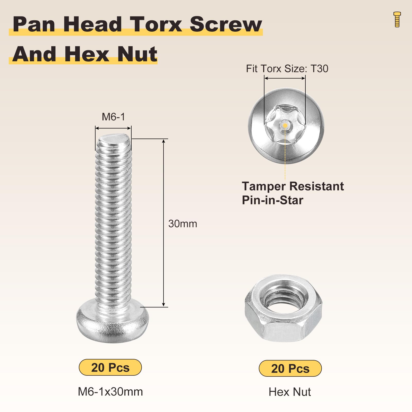 METALLIXITY Pan Head Torx Security Screws Bolts (M6-1x30mm) 40pcs - Image 2