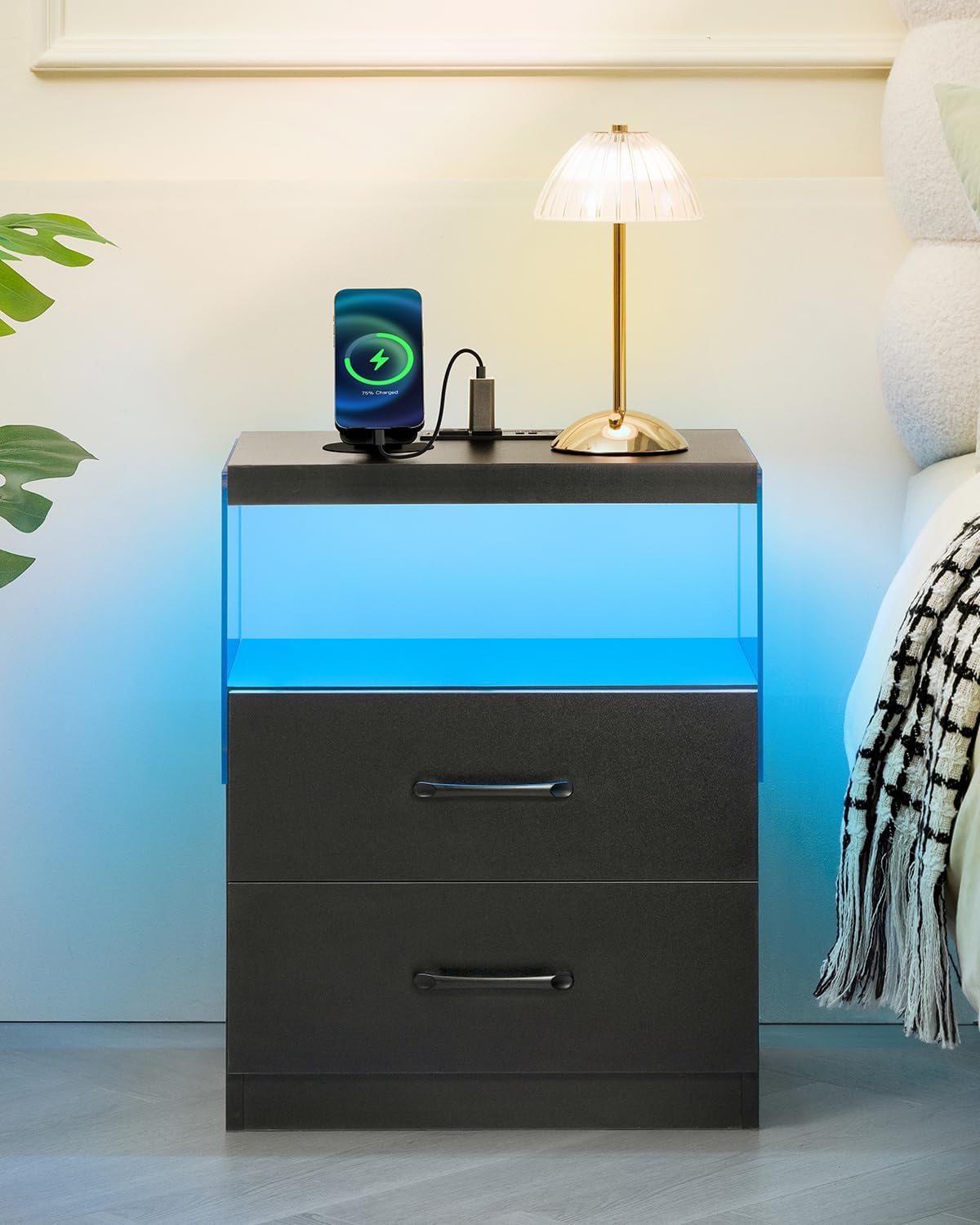 LED Nightstand Set of 2 with Charging Station, Modern Bedside Table with Acrylic Open Shelf, Sturdy End Table for Bedroom Living Room, 15mm Thick Top & 17.7" Wide, Black