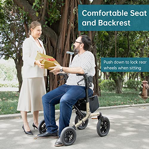 Image of ELENKER All-Terrain Rollator Walker with Non-Pneumatic Tire 12 inch Front Wheels, Compact Folding Design for Seniors (Champagne)