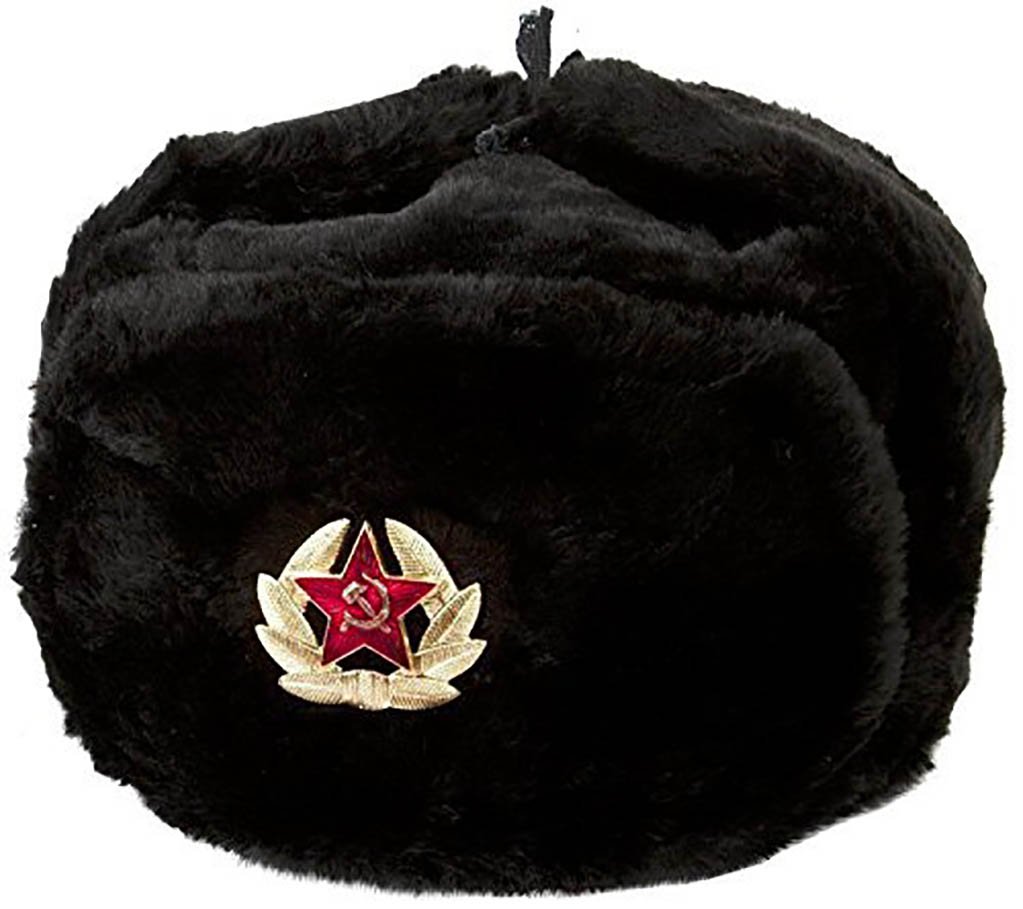 BLACK RUSSIAN FUR USHANKA WINTER GENUIN WOOL COLD WAR BLACK HAT CAP WITH BADGE. SIZE 56-57(M)