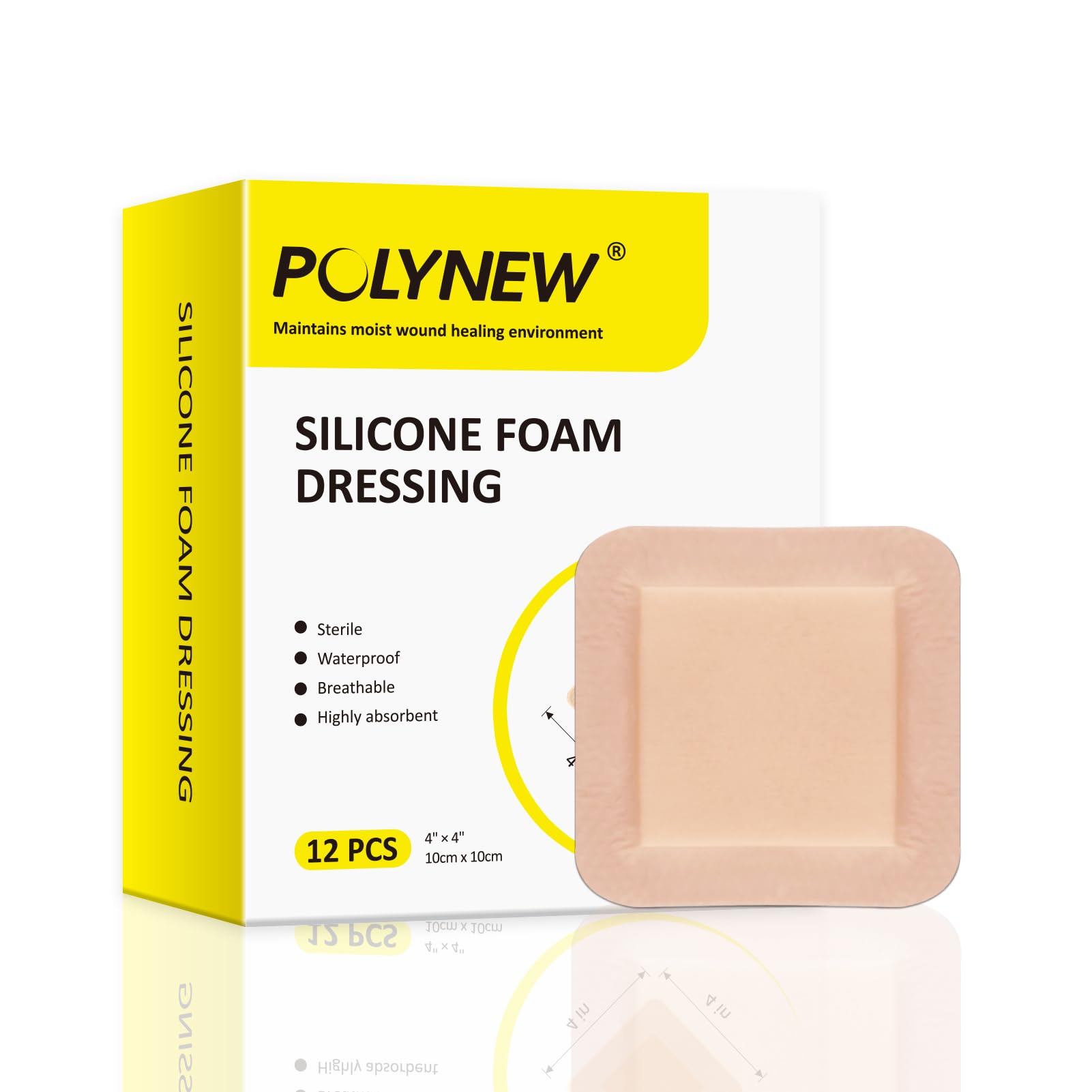 Polynew Silicone Foam Dressing with Border, 4"x4"-12Pcs/Box Adhesive Waterproof High Absorbency Bed Sore Wound Dressing Bandage, Breathable Foam Dressing for Wound Care