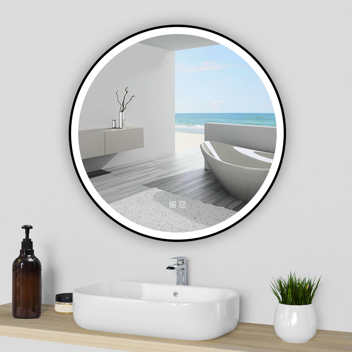 Acezanble Black Framed Bathroom Mirror with LED Lights 600mm, with 3 Color Dimmable, Demister Pad Anti-fog, Illuminated Wall Mounted Smart Modern Bathroom Vanity Mirror Round
