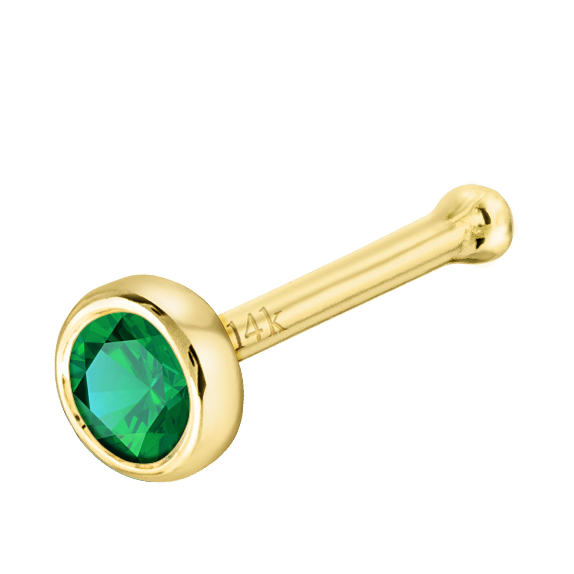 Jewelry AvalancheSolid 14K Gold Ball-end Stud Bezel Set Emerald 22G Nose Bone Nose Stud - 14K White Gold / 14K Yellow Gold May Birthstone Nose Ring Stud