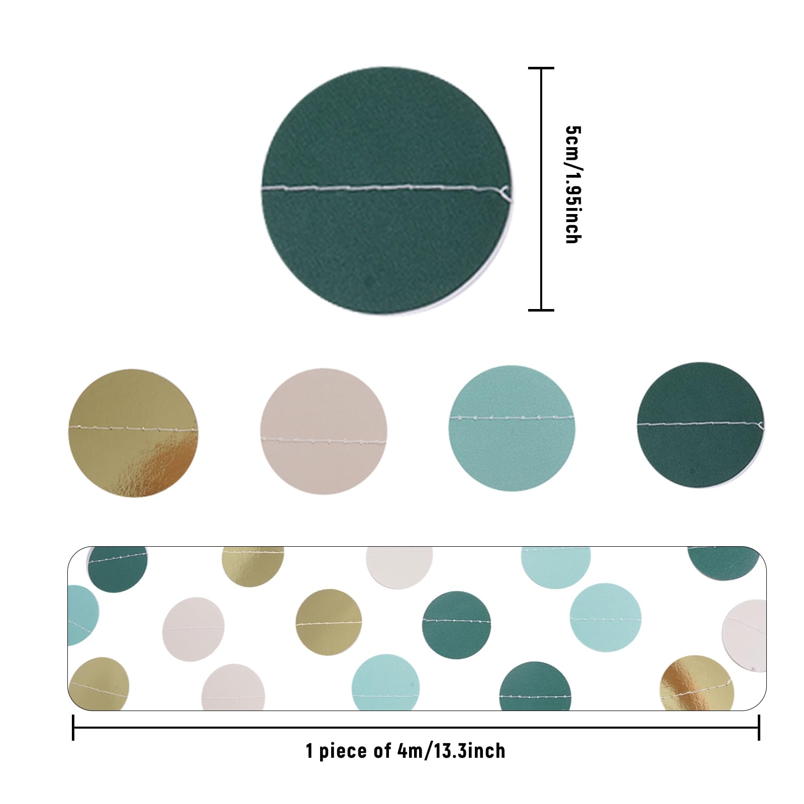 Guirlande Décorative à Pois Vert Forêt - 4 Mètres, 32 Points De 5 Cm - Couleurs émeraude, Vert Foncé & Crème - Pour Mariage, Baby Shower, Fêtes - Réutilisable