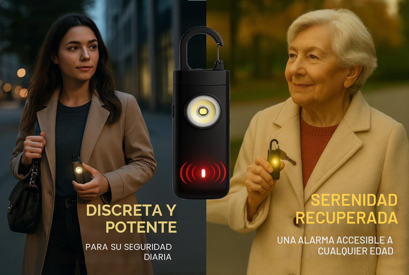 Alarma de bolsillo, alarma personal de seguridad de emergencia de 130 decibelios con luces, color negro