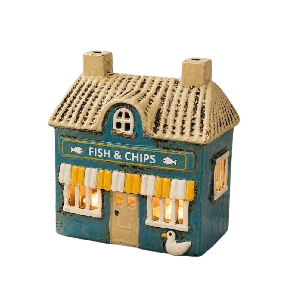 Ceramic Fish and Chips Shop Tealight Holder - Rustic Coastal Village Candle House Decoration - Miniature Seaside Beach Cottage Ornament - Nostalgic British Shop Figurine and Nautical Home Decor Gift