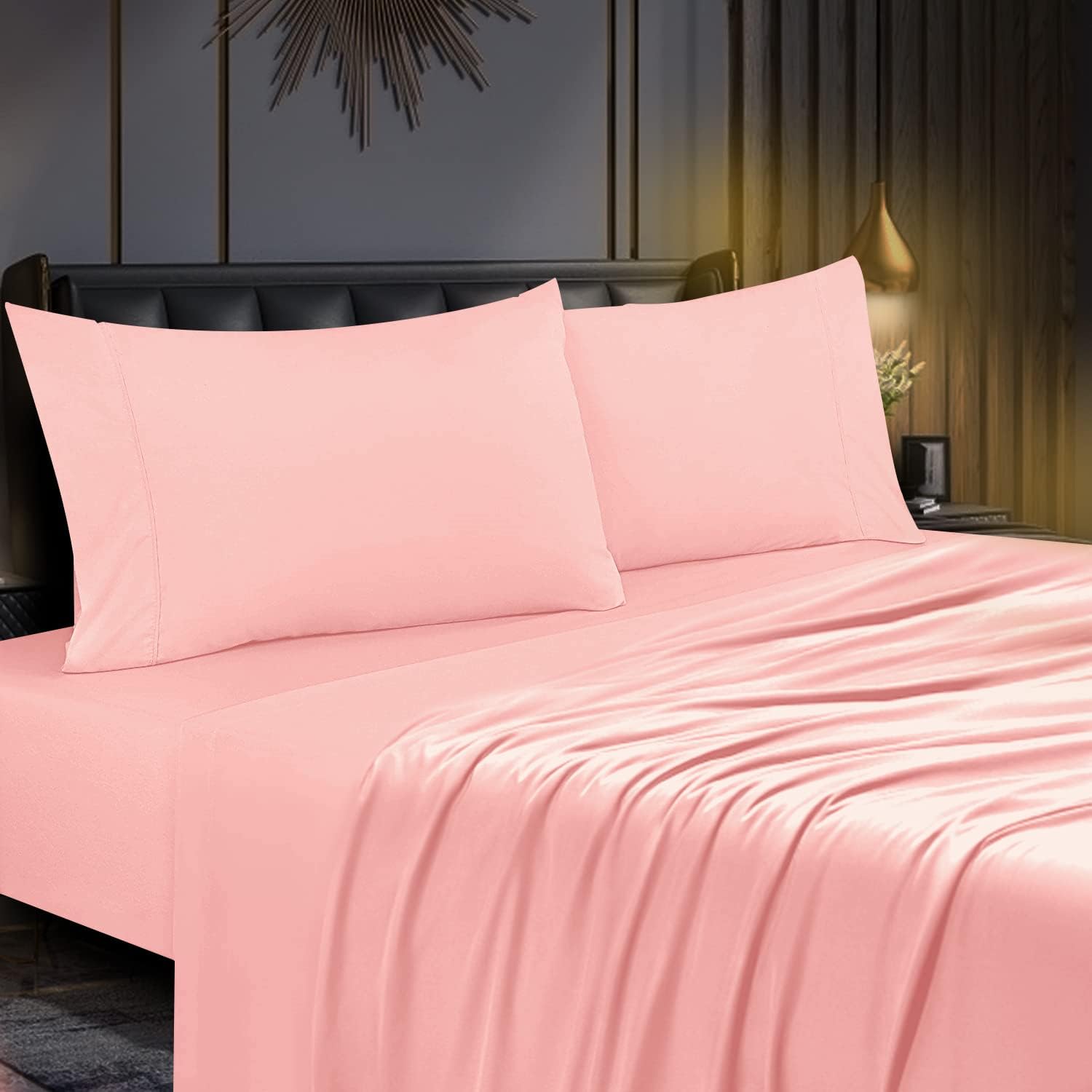 MOONQUEEN 2 Pack Lightweight Bedding Fitted Sheets - Soft Microfiber Bottom Sheet - Deep Pocket - Shrinkage and Fade Resistant - Easy Care (King, Pink)